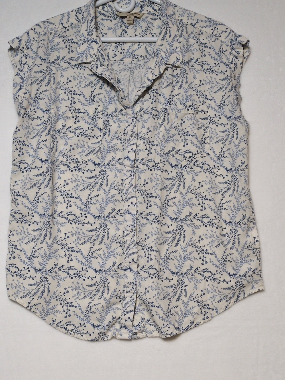 Jachs Girlfriend Floral Button Down Shirt XL Blue Cream Rayon Sleeveless